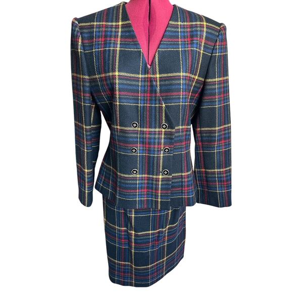 Vintage Kasper & Company 12 Wool Tartan Plaid Double Breast Blazer &‎ Skirt Set - Picture 1 of 9